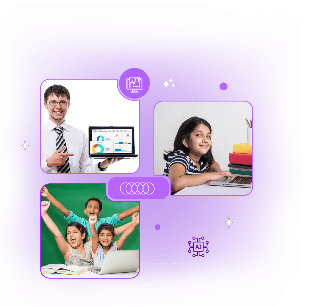 Learning Management System (LMS) for schools in Nepal, Plexler School. Three images depicting students, faculty, and administration
